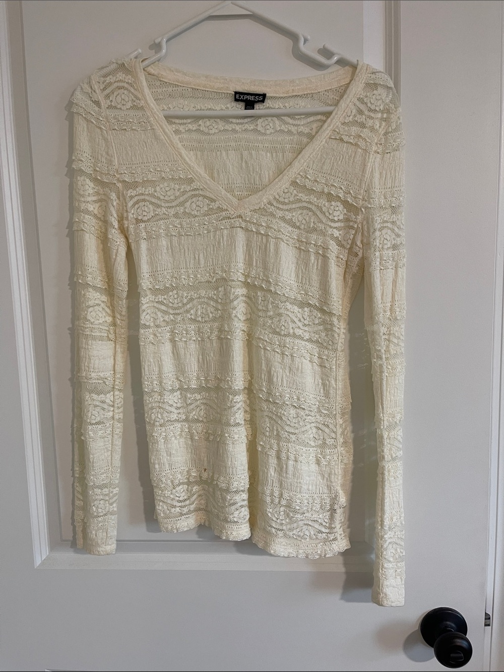 Express Lace V-Neck Long Sleeve Top in Cream